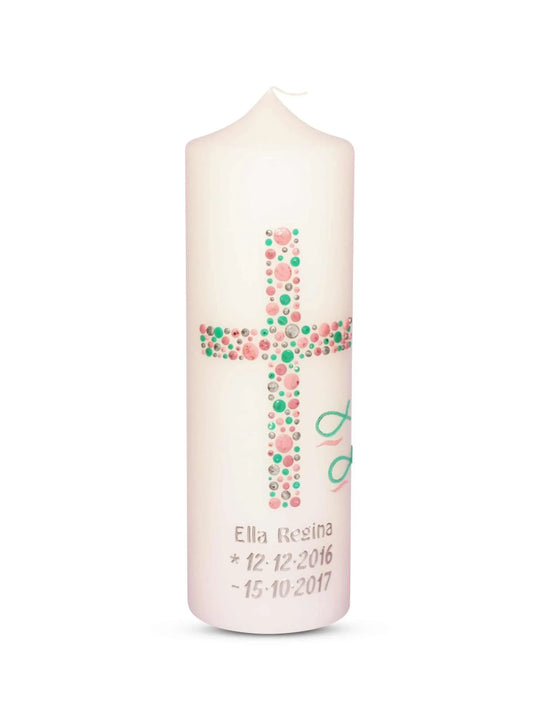 Taufkerze Mädchen Kreuz Kreise 23 Silber Mint Rosa - WikaKerzen