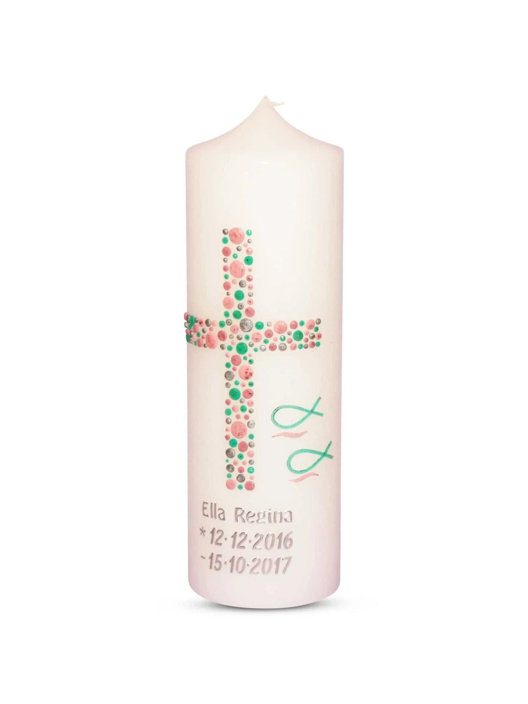 Taufkerze Mädchen Kreuz Kreise 23 Silber Mint Rosa - WikaKerzen