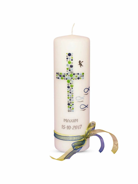 Taufkerze Junge Kreuz Kreise 20 Blau Silber Grün - WikaKerzen