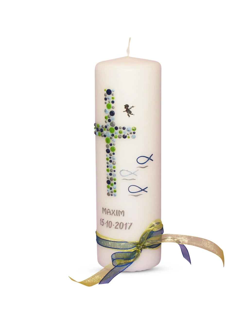 Taufkerze Junge Kreuz Kreise 20 Blau Silber Grün - WikaKerzen