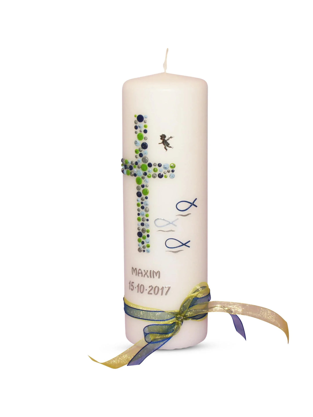 Taufkerze Junge Kreuz Kreise 20 Blau Silber Grün - WikaKerzen