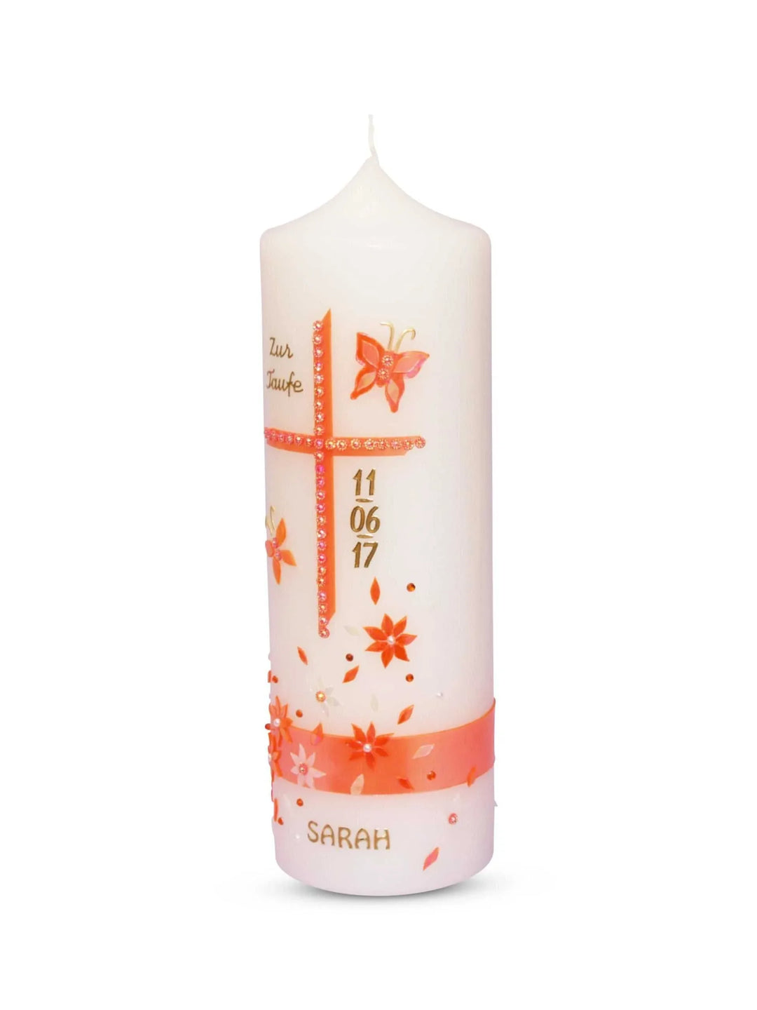 Taufkerze Mädchen Orange Blumen 5 - WikaKerzen