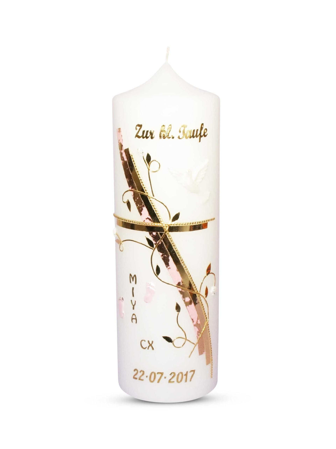 Taufkerze Mädchen Kreuz Taube Gold Rosa € Taufkerze WKTH072 WikaKerzen