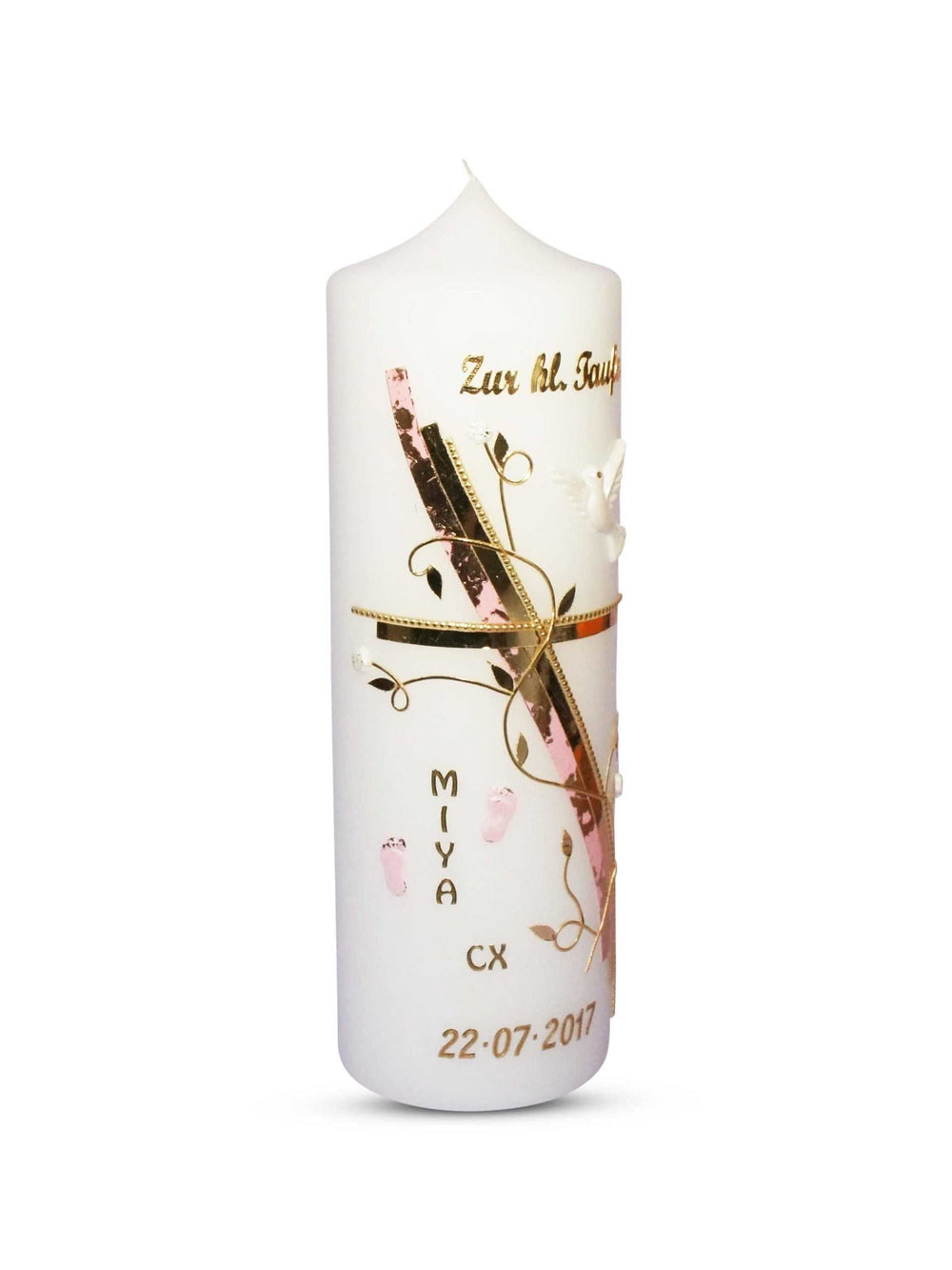 Taufkerze Mädchen Kreuz Taube Gold Rosa € Taufkerze WKTH072 WikaKerzen