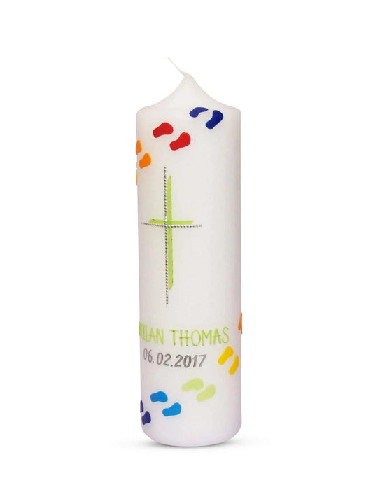 Taufkerze Mädchen Junge Bunte Füße 4 Grün - WikaKerzen