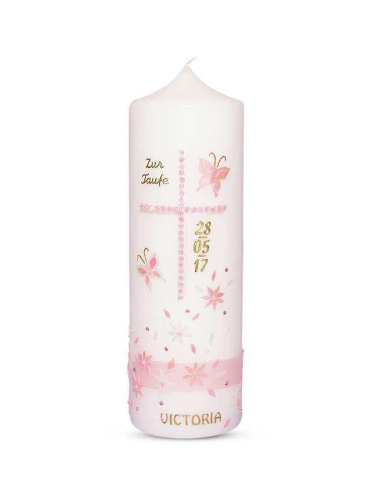 Taufkerze Mädchen Rosa Kreuz mit Schmetterlingen - WikaKerzen