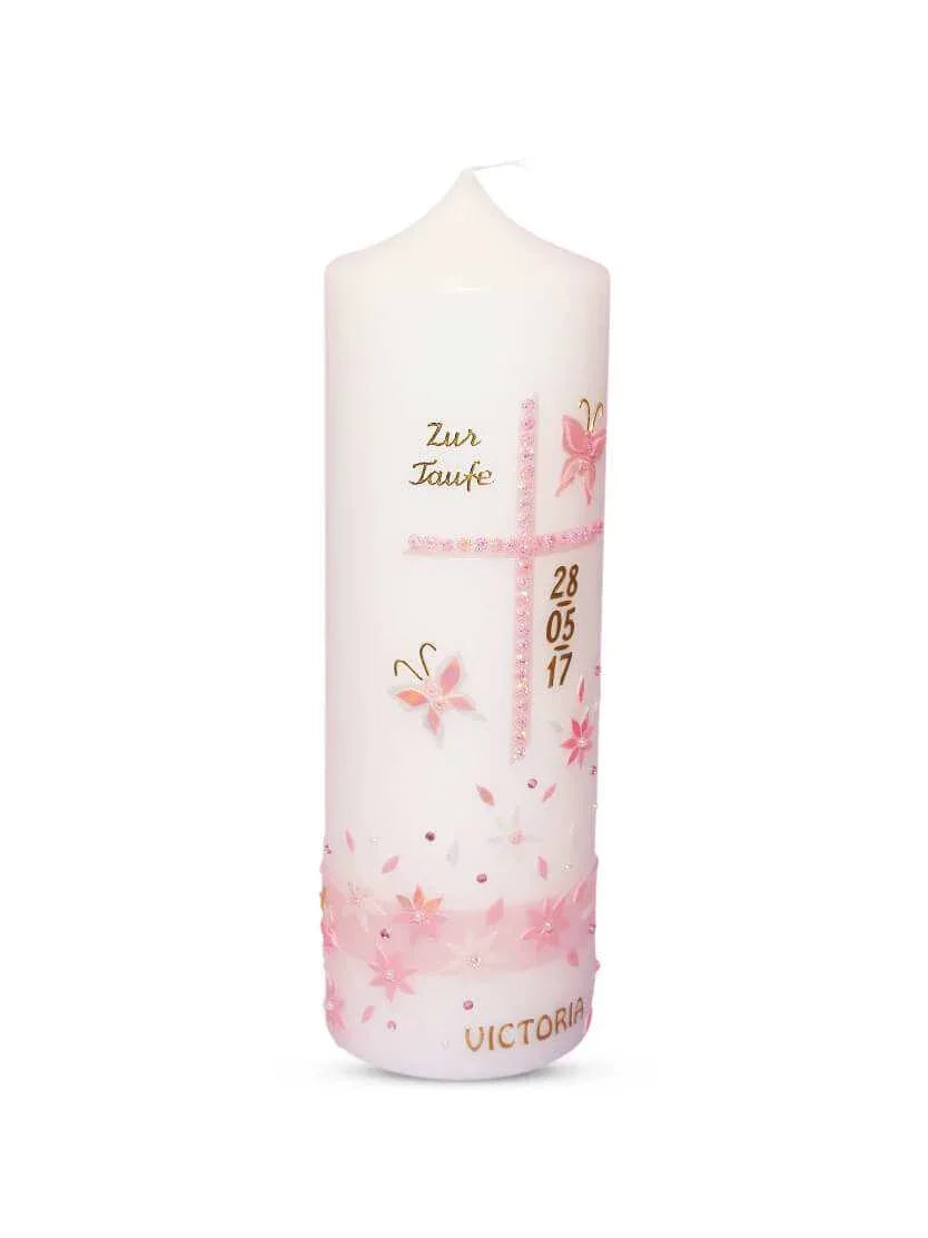 Taufkerze Mädchen Rosa Kreuz mit Schmetterlingen - WikaKerzen