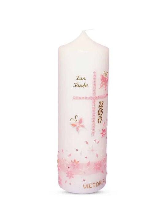 Taufkerze Mädchen Rosa Kreuz mit Schmetterlingen - WikaKerzen