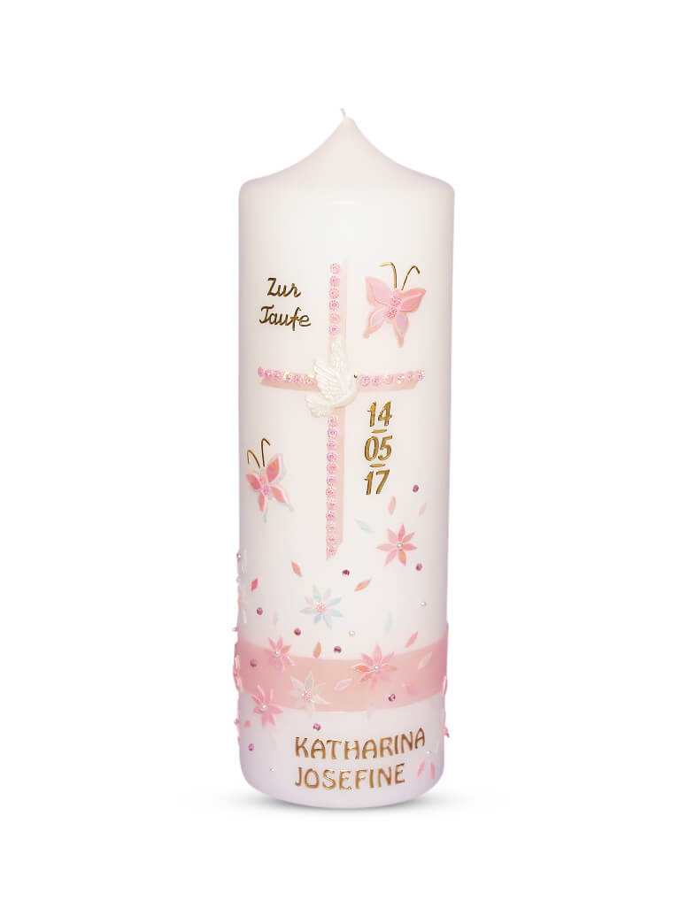 Taufkerze Mädchen Rosa Blumen mit Taube 3" € Taufkerze WKTH115 WikaKerzen