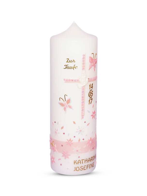 Taufkerze Mädchen Rosa Blumen mit Taube 3" € Taufkerze WKTH115 WikaKerzen