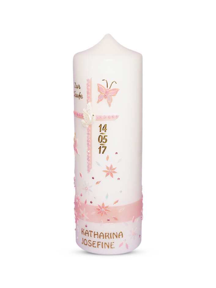 Taufkerze Mädchen Rosa Blumen mit Taube 3" € Taufkerze WKTH115 WikaKerzen