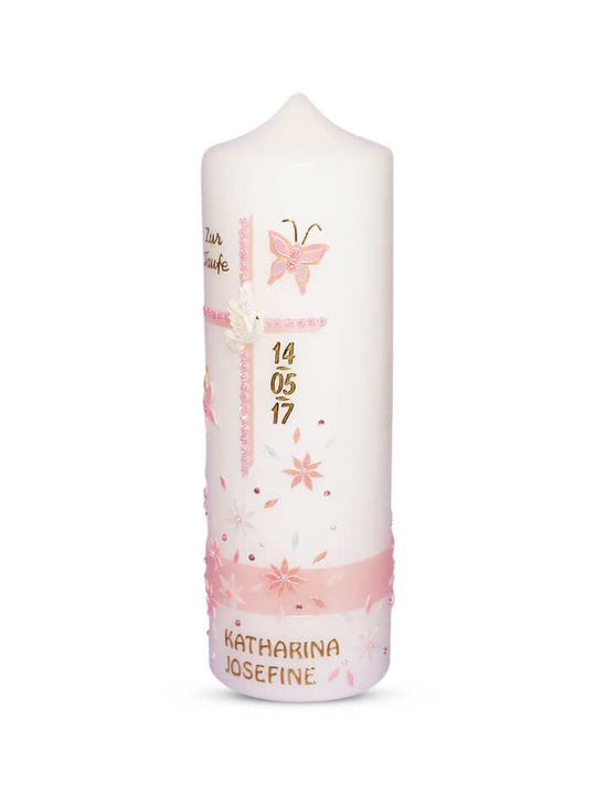 Taufkerze Mädchen Rosa Blumen mit Taube 3" € Taufkerze WKTH115 WikaKerzen