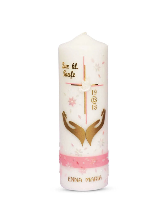 Taufkerze Mädchen in Rosa Gold mit Kreuz Emma - WikaKerzen