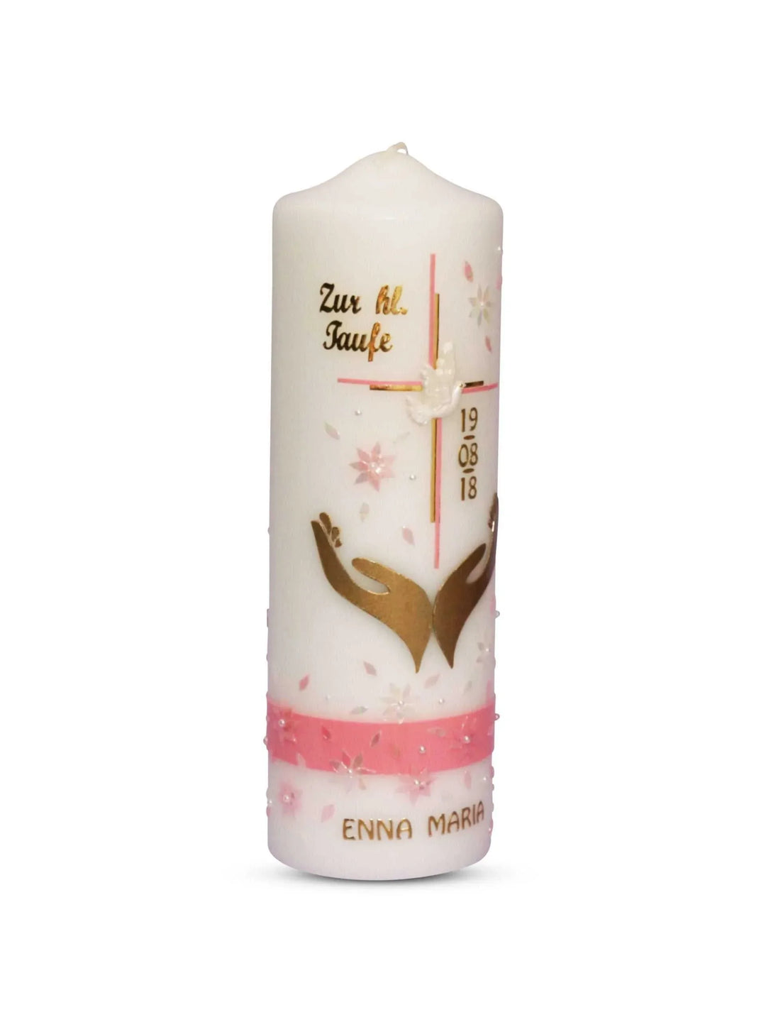 Taufkerze Mädchen in Rosa Gold mit Kreuz Emma - WikaKerzen