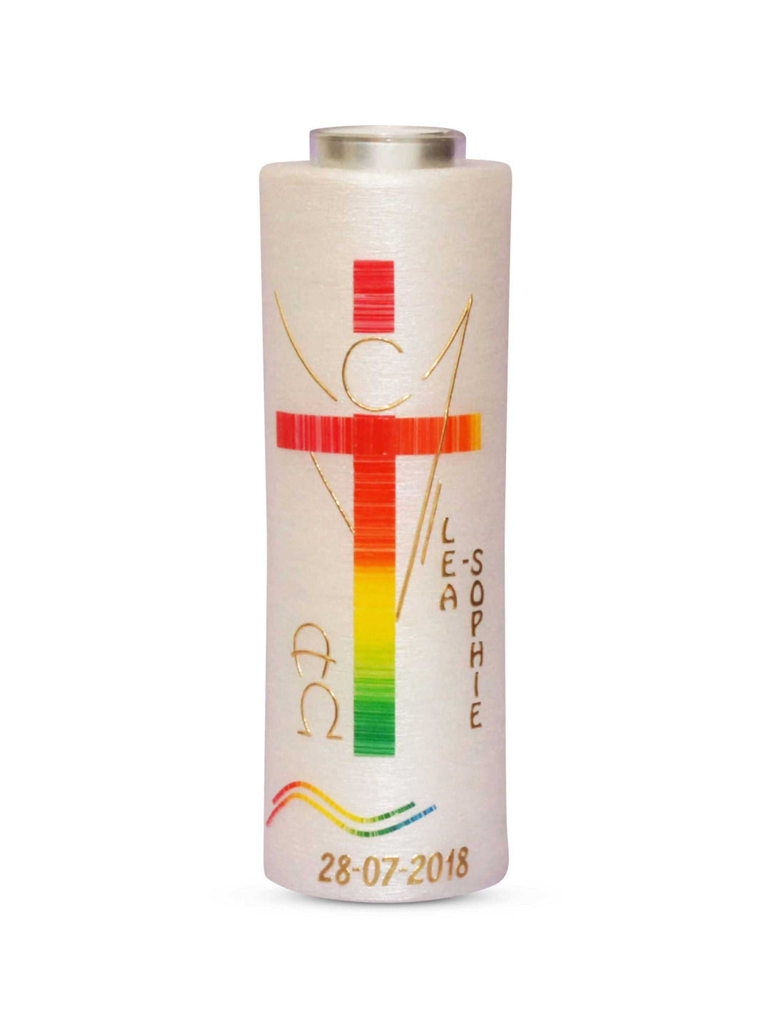 Taufkerze Engel Regenbogen auf perlmutt Kerze mit Teelicht € Taufkerze WKTH125 WikaKerzen