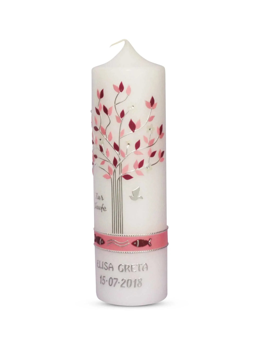 Taufkerze Lebensbaum Mädchen Rosa mit Taube und Fischen - WikaKerzen