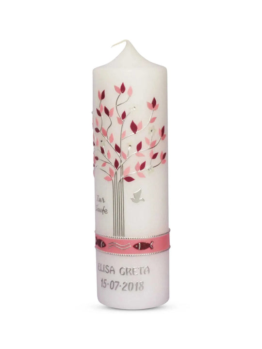 Taufkerze Lebensbaum Mädchen Rosa mit Taube und Fischen - WikaKerzen