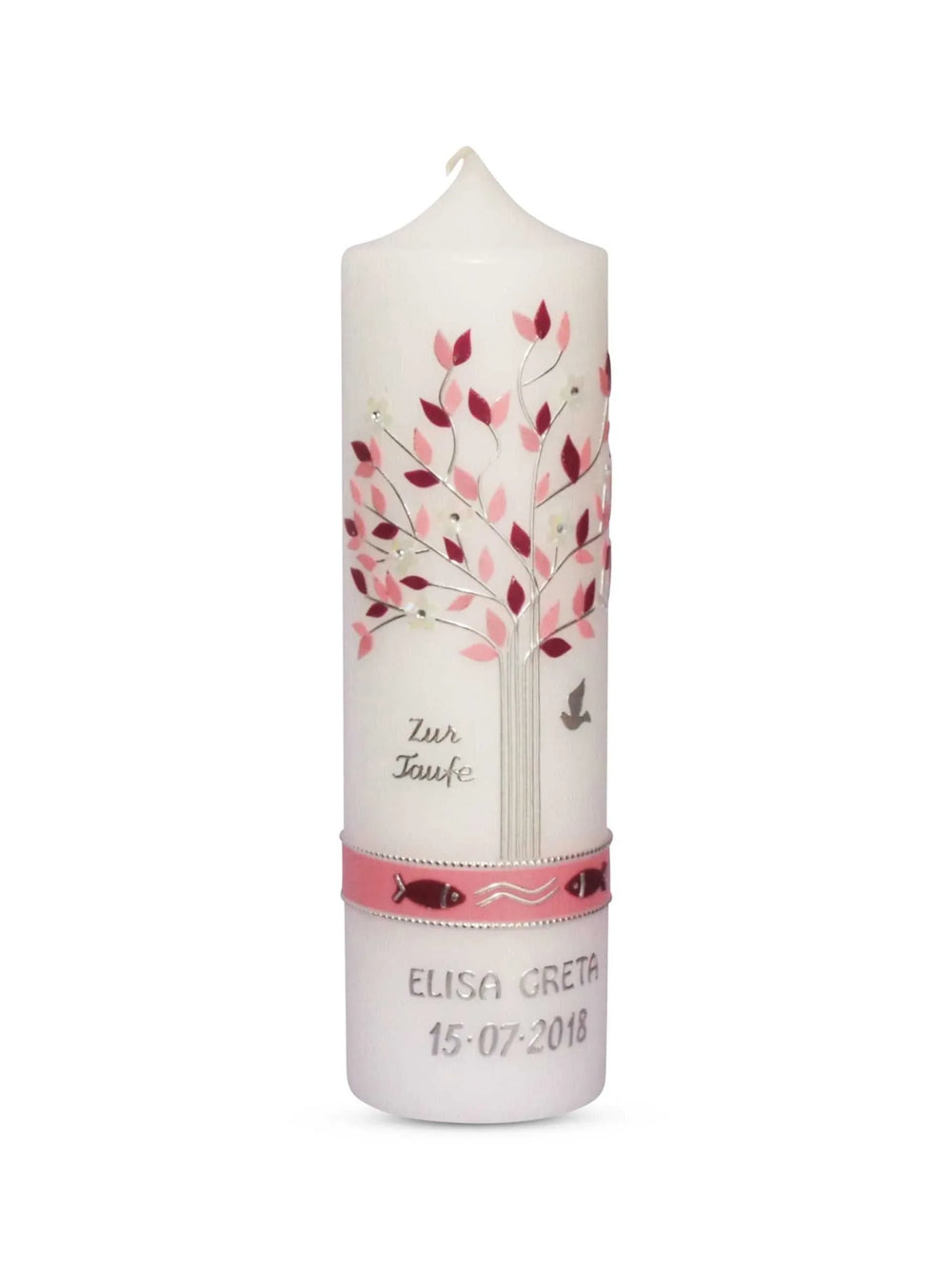 Taufkerze Lebensbaum Mädchen Rosa mit Taube und Fischen - WikaKerzen
