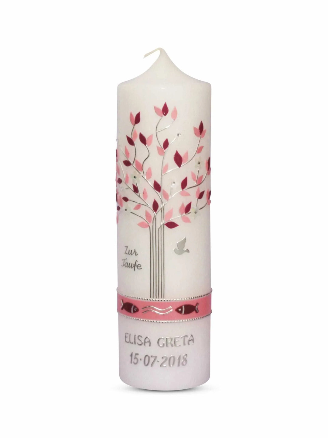 Taufkerze Lebensbaum Mädchen Rosa mit Taube und Fischen - WikaKerzen