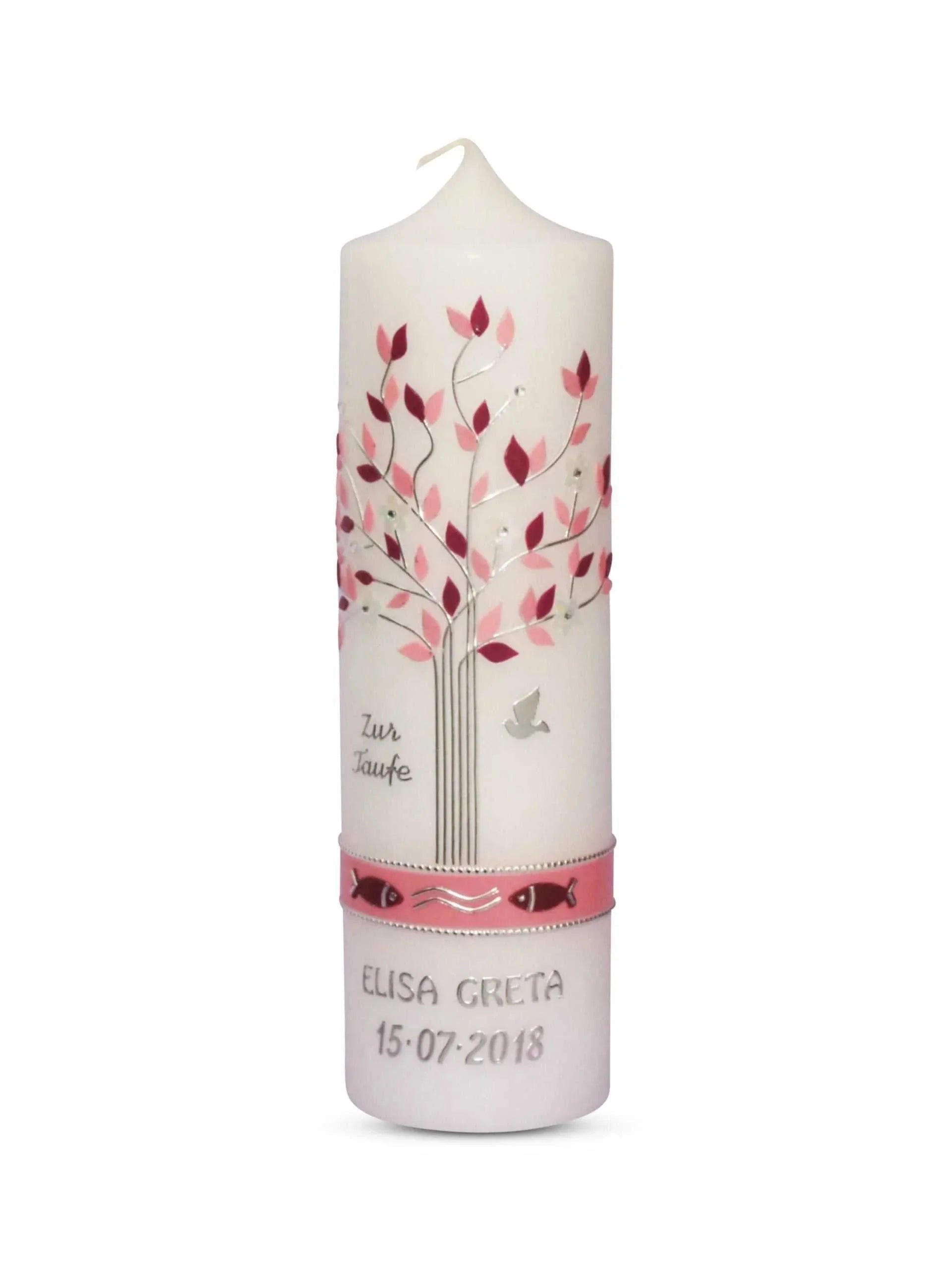 Taufkerze Lebensbaum Mädchen Rosa mit Taube und Fischen - WikaKerzen