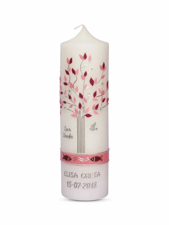 Taufkerze Lebensbaum Mädchen Rosa mit Taube und Fischen - WikaKerzen
