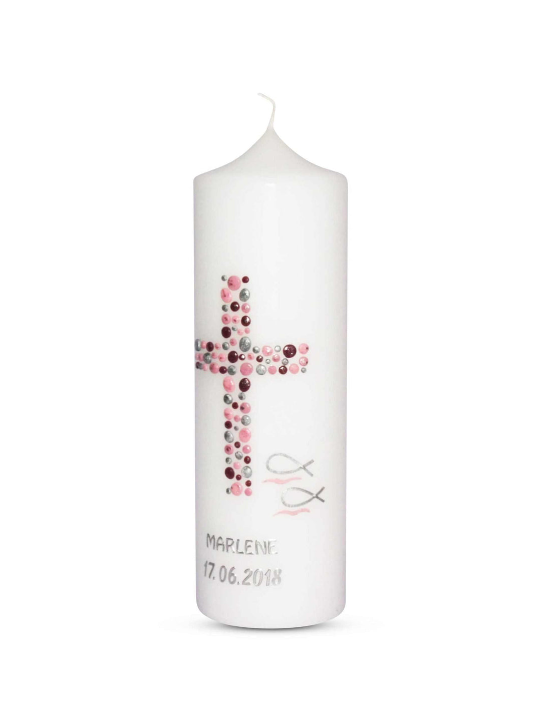 Taufkerze Mädchen mit Kreuz und Fischen in Rosa Silber Bordeaux € Taufkerze WKTH124 WikaKerzen