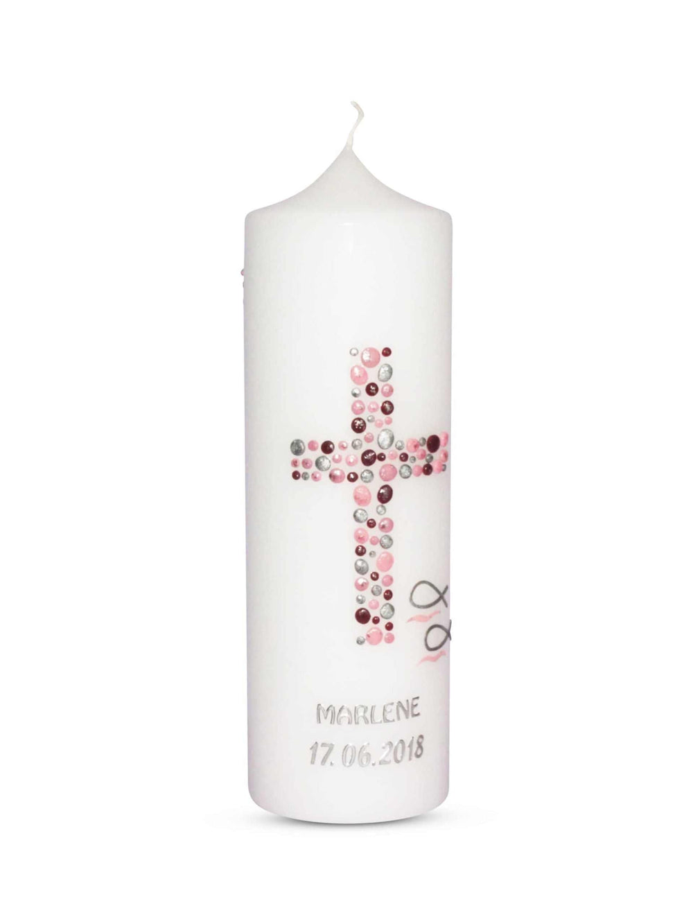 Taufkerze Mädchen mit Kreuz und Fischen in Rosa Silber Bordeaux € Taufkerze WKTH124 WikaKerzen