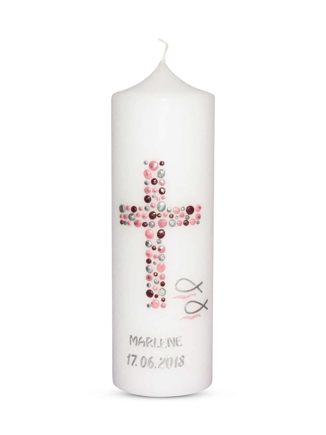Taufkerze Mädchen mit Kreuz und Fischen in Rosa Silber Bordeaux € Taufkerze WKTH124 WikaKerzen