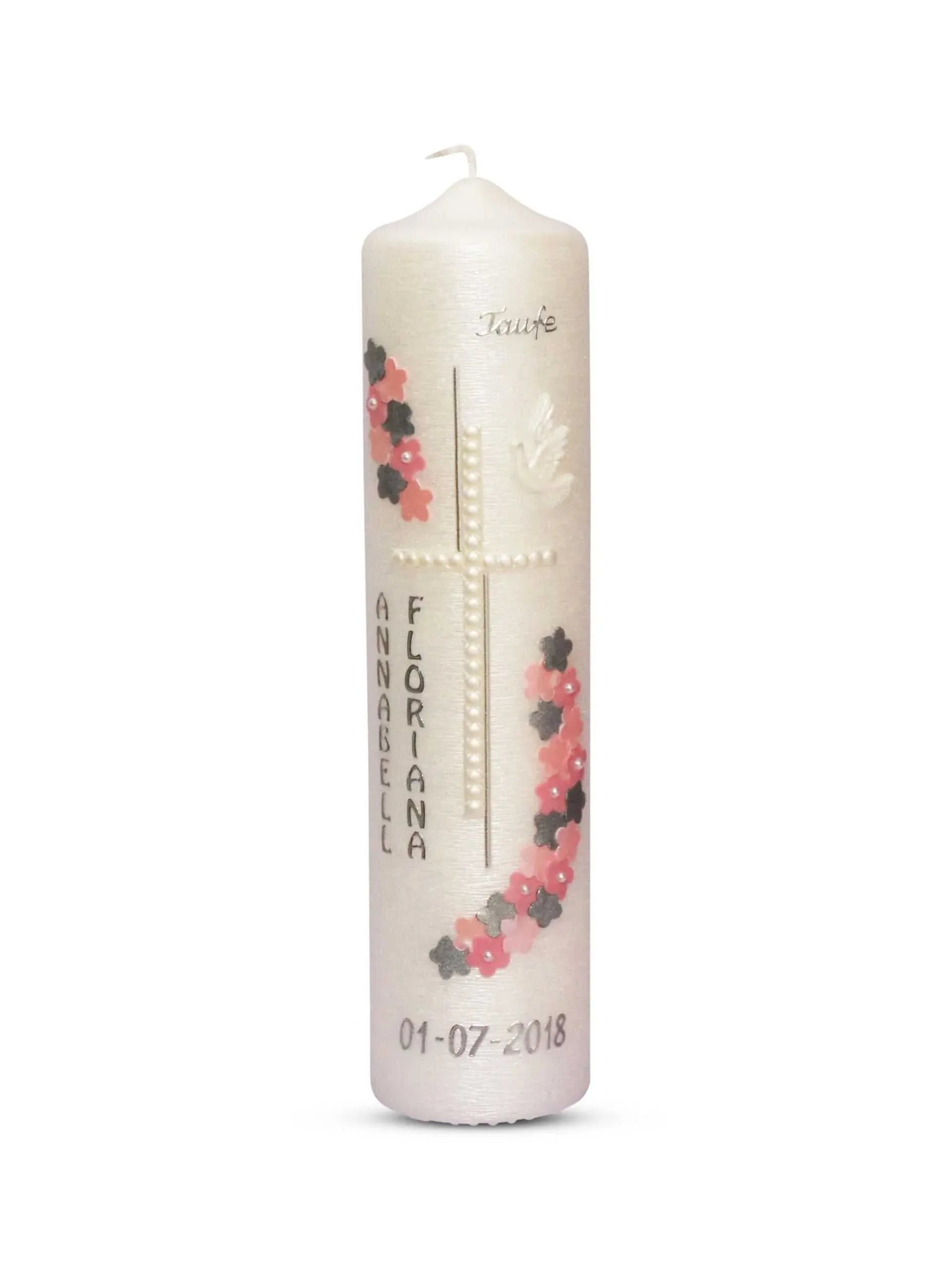 Taufkerze Modern Kreuz Blumen in Rosa Silber für Mädchen - WikaKerzen
