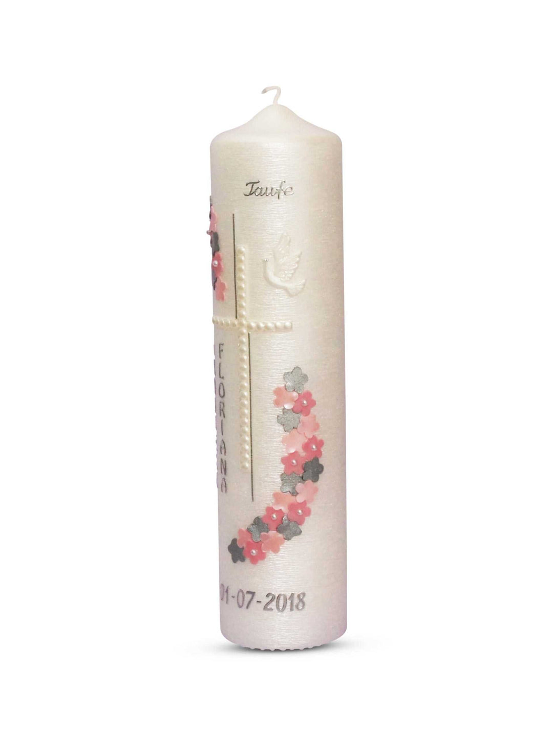 Taufkerze Modern Kreuz Blumen in Rosa Silber für Mädchen € Taufkerze WKTH118 WikaKerzen