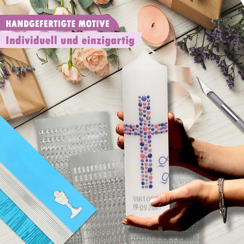 Taufkerze Mädchen Junge Kreuz Kreise mit Fischen modern € Taufkerze WKTH119 WikaKerzen