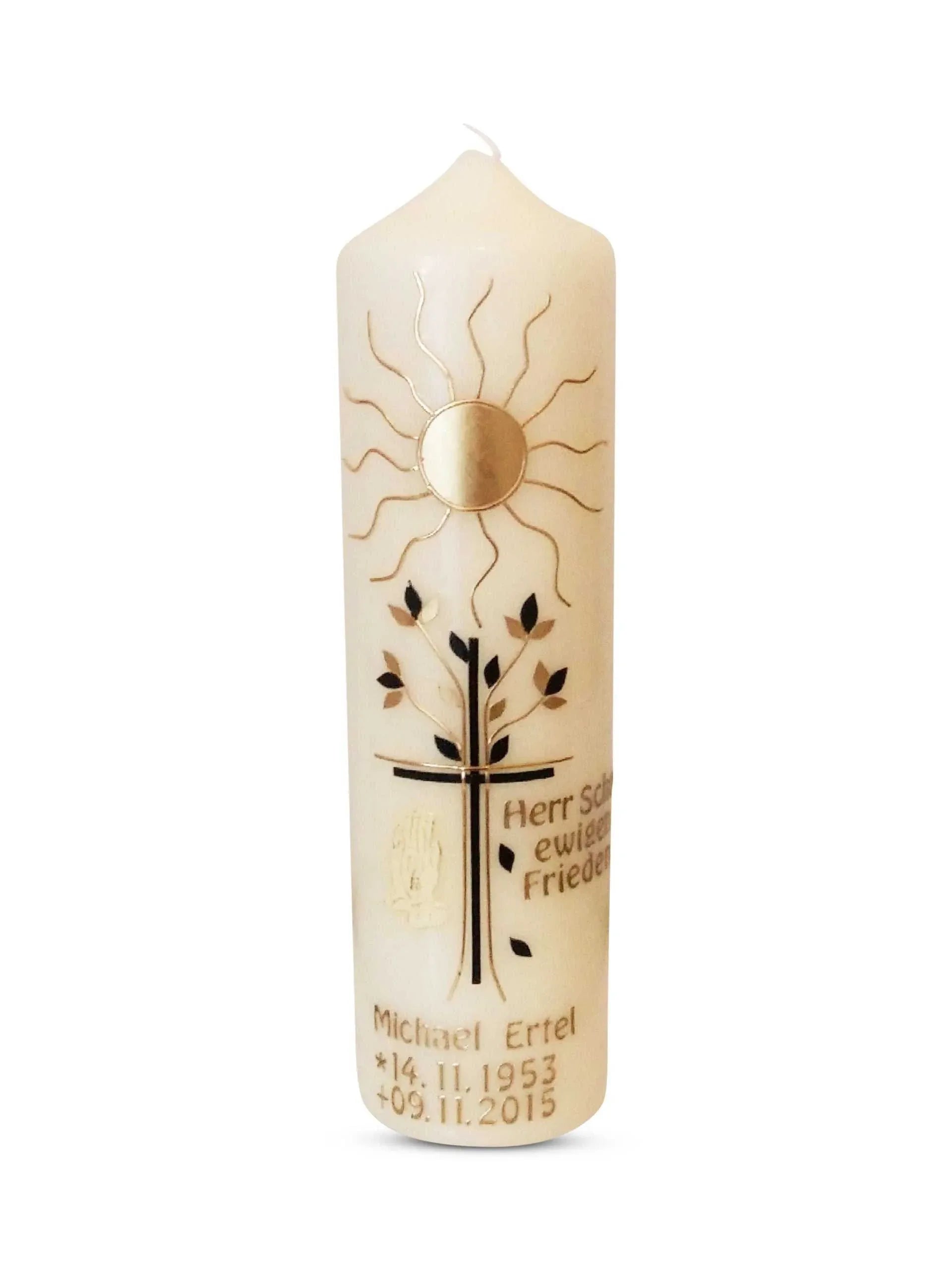 Trauerkerze und Gedenkkerze mit Sonne Baum und und Kreuz 3 - WikaKerzen