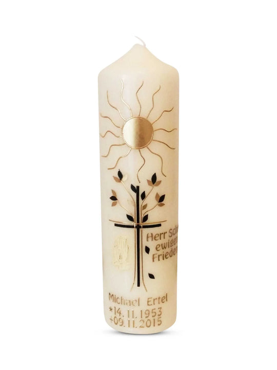 Trauerkerze und Gedenkkerze mit Sonne Baum und und Kreuz 3 - WikaKerzen