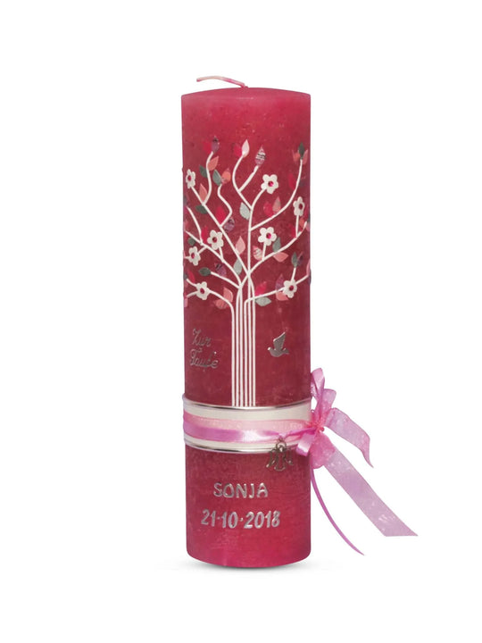 Taufkerze Vintage Lebensbaum Mädchen auf Rustik Kerze Pink - WikaKerzen