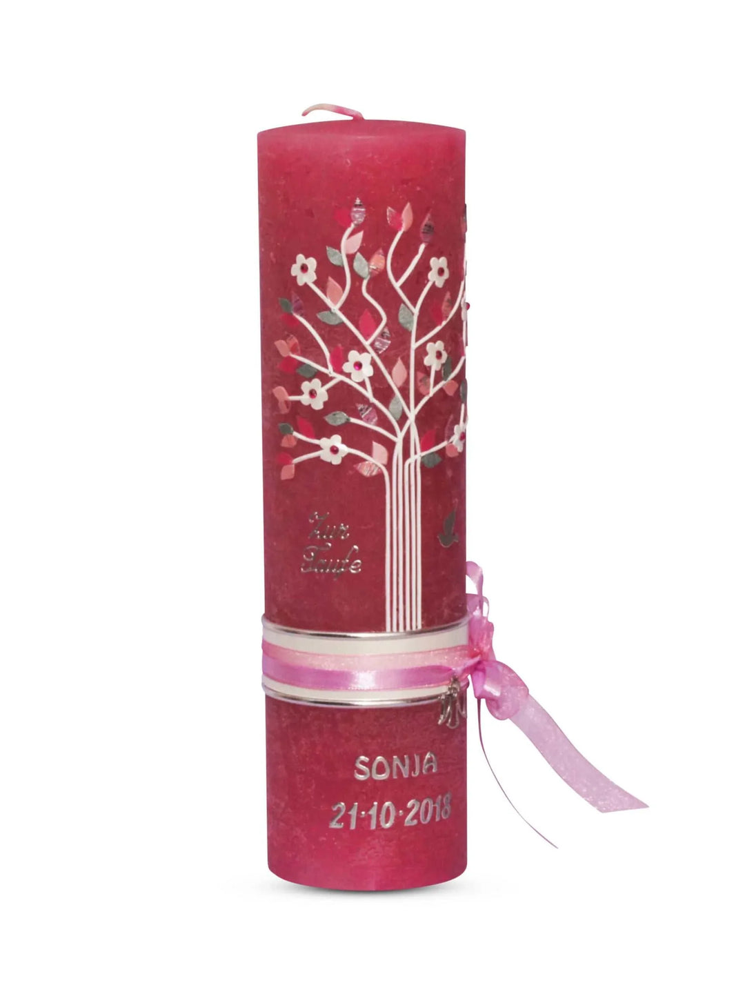 Taufkerze Vintage Lebensbaum Mädchen auf Rustik Kerze Pink - WikaKerzen