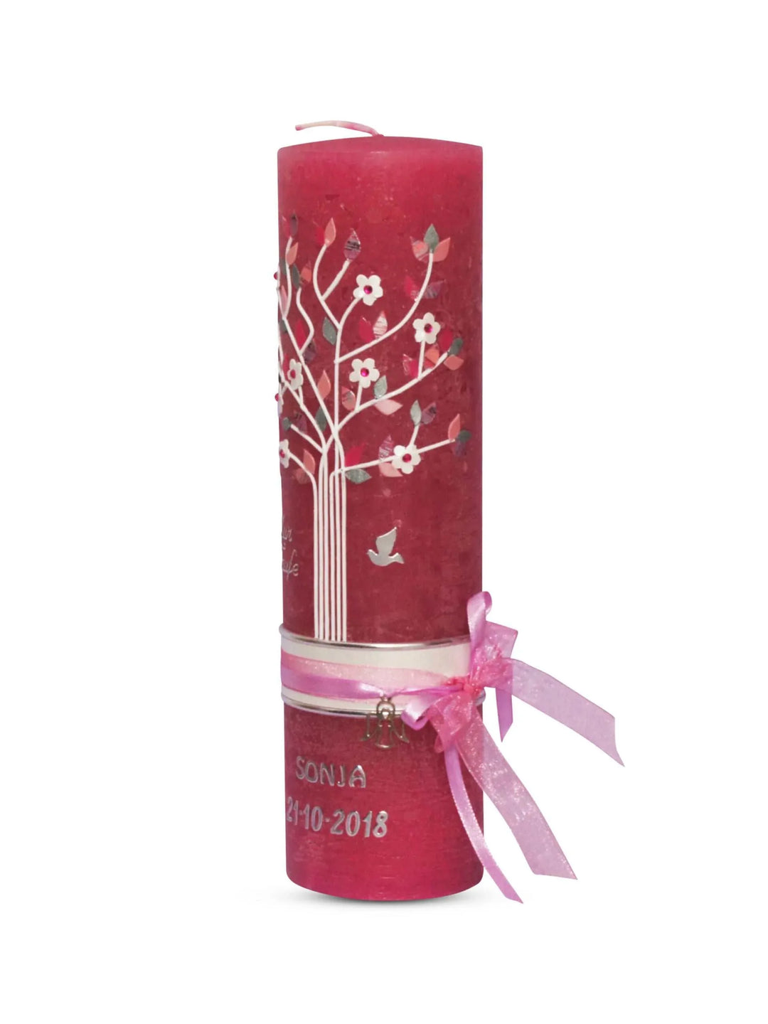Taufkerze Vintage Lebensbaum Mädchen auf Rustik Kerze Pink - WikaKerzen