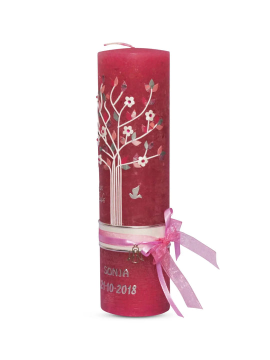 Taufkerze Vintage Lebensbaum Mädchen auf Rustik Kerze Pink - WikaKerzen