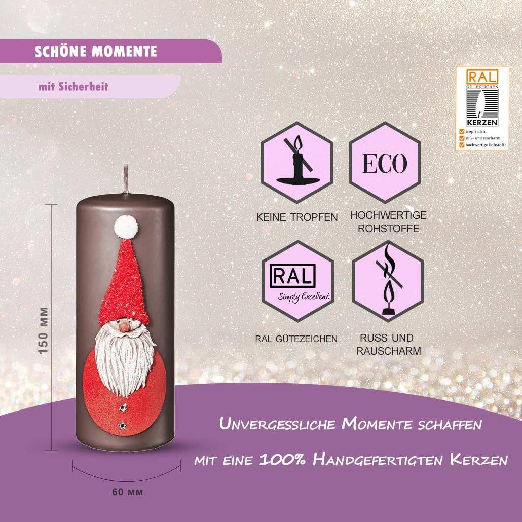 Weihnachtskerzen 4er Set 15x6cm – Glitzer-Stumpenkerzen aus Paraffinwachs, RAL-zertifiziert Santer Claus - WikaKerzen