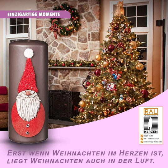 Weihnachtskerzen 4er Set 15x6cm – Glitzer-Stumpenkerzen aus Paraffinwachs, RAL-zertifiziert Santer Claus - WikaKerzen