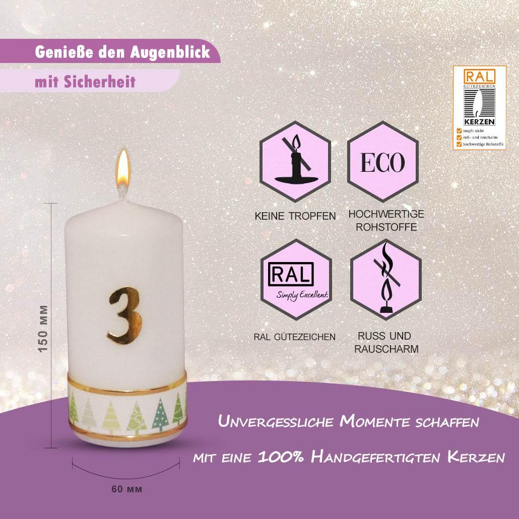 Weihnachtskerze Adventskerze Stumpen 1-4, Tannenbaum Grün, 15x6 cm, handgefertigte Tischkerzen - WikaKerzen