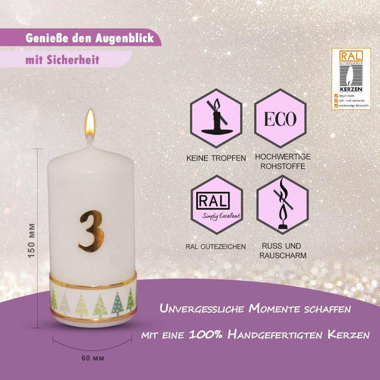 Weihnachtskerze Adventskerze Stumpen 1-4, Tannenbaum Grün, 15x6 cm, handgefertigte Tischkerzen - WikaKerzen