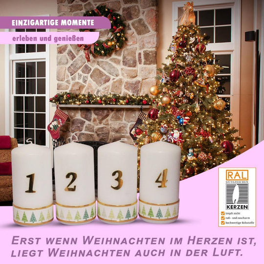 Weihnachtskerze Adventskerze Stumpen 1-4, Tannenbaum Grün, 15x6 cm, handgefertigte Tischkerzen - WikaKerzen