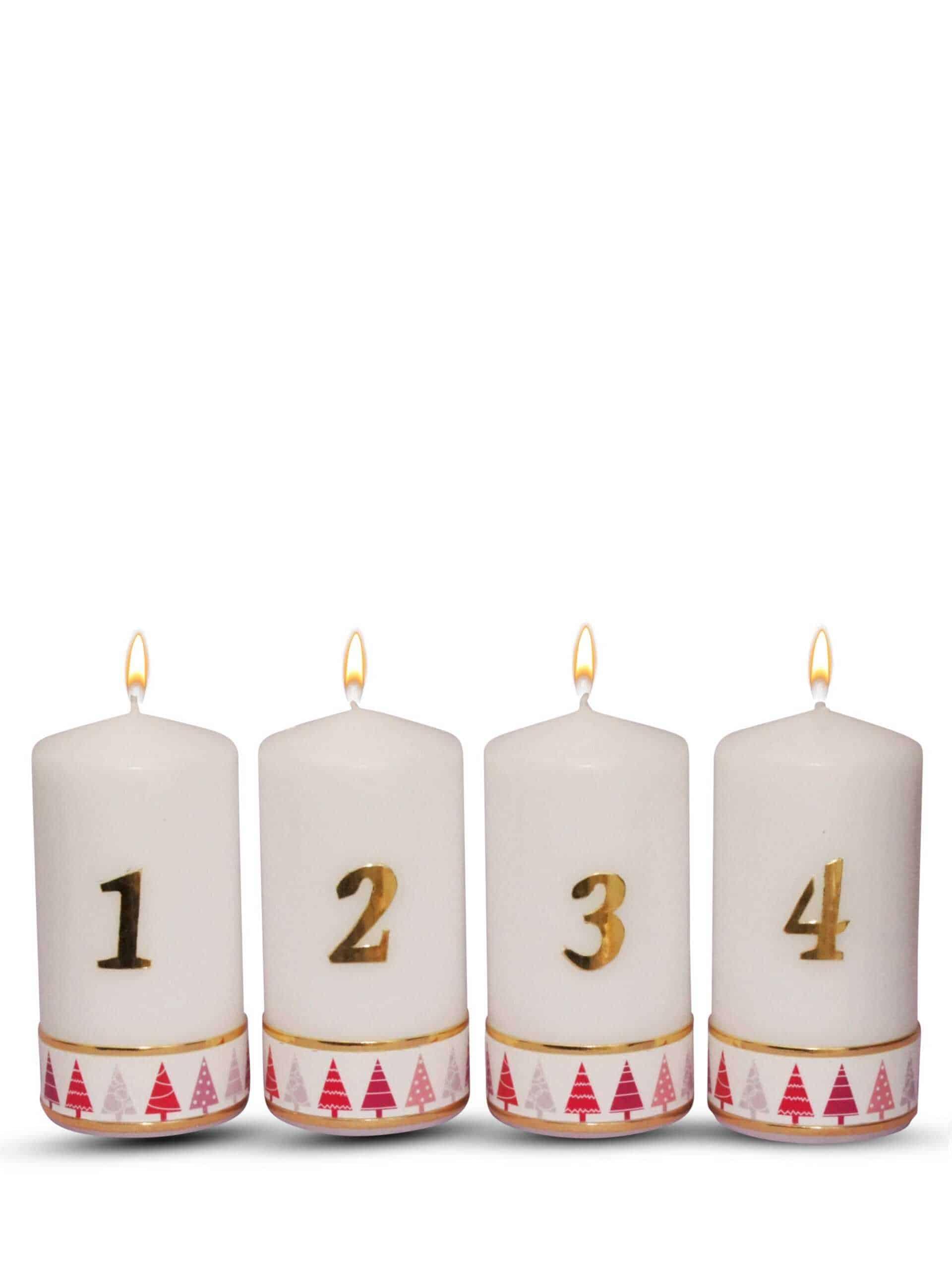 Weihnachtskerzen 1-4: Handgefertigte Tischkerzen, Tannenbaum-Motiv Rot, 15x6 cm, 4er Set für Adventskranz - WikaKerzen